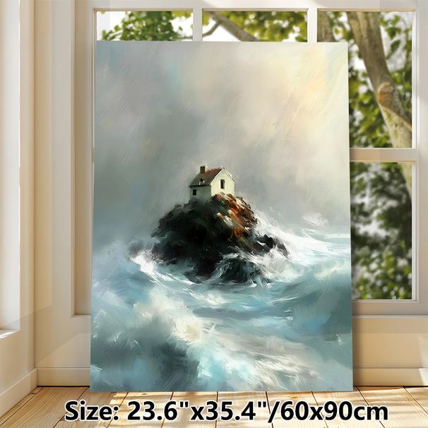 Seaside Cottage On Rock Painting Poster, Soft-toned Impressionist Stormy Sea Scene Poster, Calming Dramatic Coastal Artwork Ideal For Living Room_maomaolike.com
