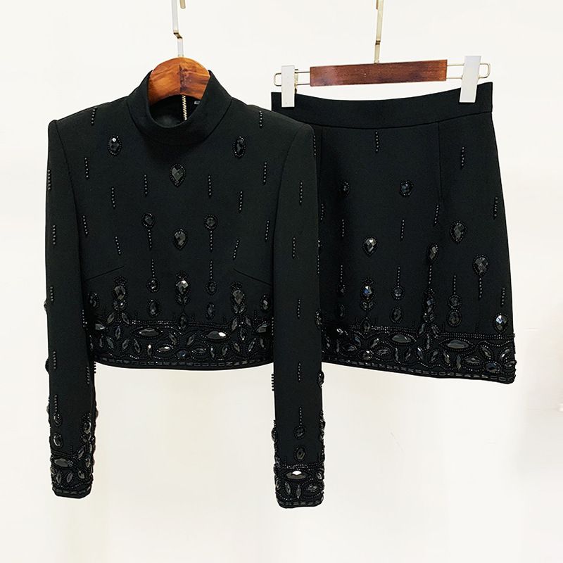 Women's Clothing celebrity fashion new heavy beaded diamond short top skirt suit two piece suit_maomaolike.com