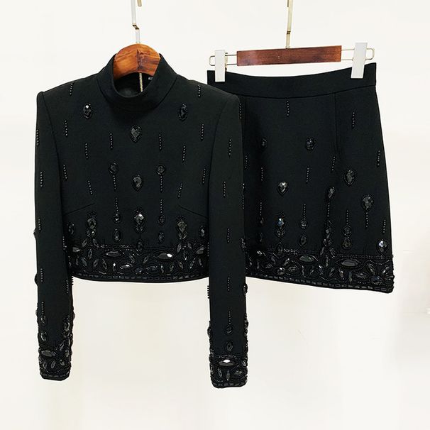 Women's Clothing celebrity fashion new heavy beaded diamond short top skirt suit two piece suit_maomaolike.com