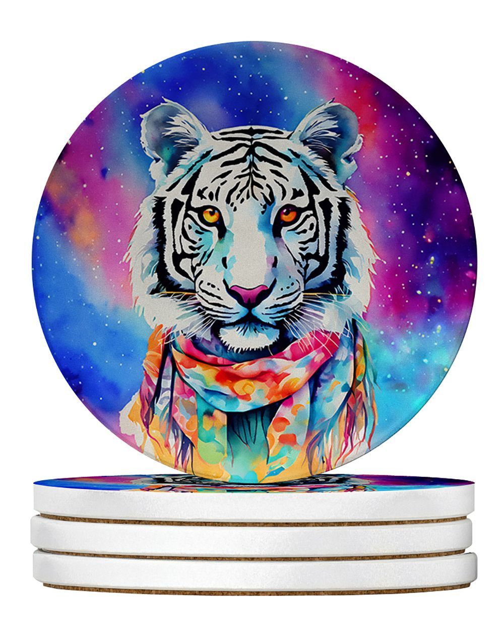 Hippie Animal White Tiger Large Sandstone Coasters Pack Of 4 Absorbent Round Coasters Decor Gifts For Men Or Women, 4 In, Multicolor_maomaolike.com