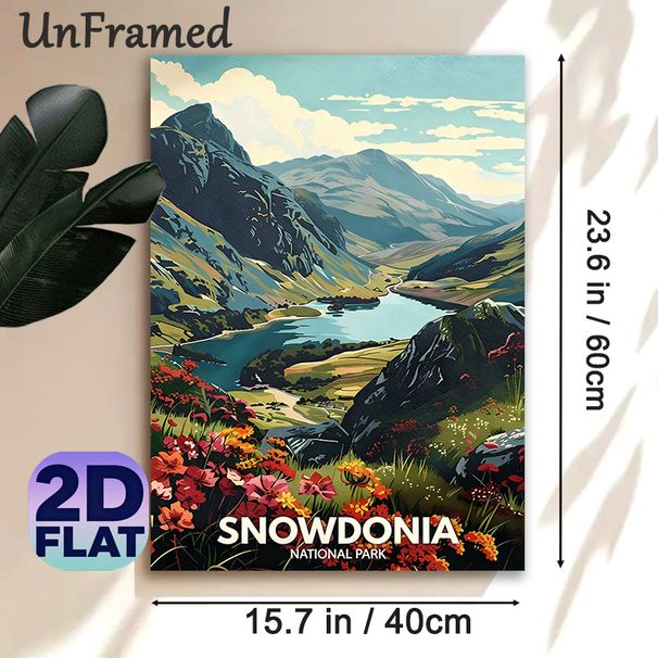 Snowdonia National Park Landscape Painting Poster, Vibrant Retro-style Mountain, Lake & Wildflower Scene Poster, Nature-themed Decor Ideal For Living_maomaolike.com