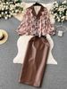 Women's Clothing collar floral chiffon shirt high waist tight PU leather skirt female high end outfit two piece suit_maomaolike.com