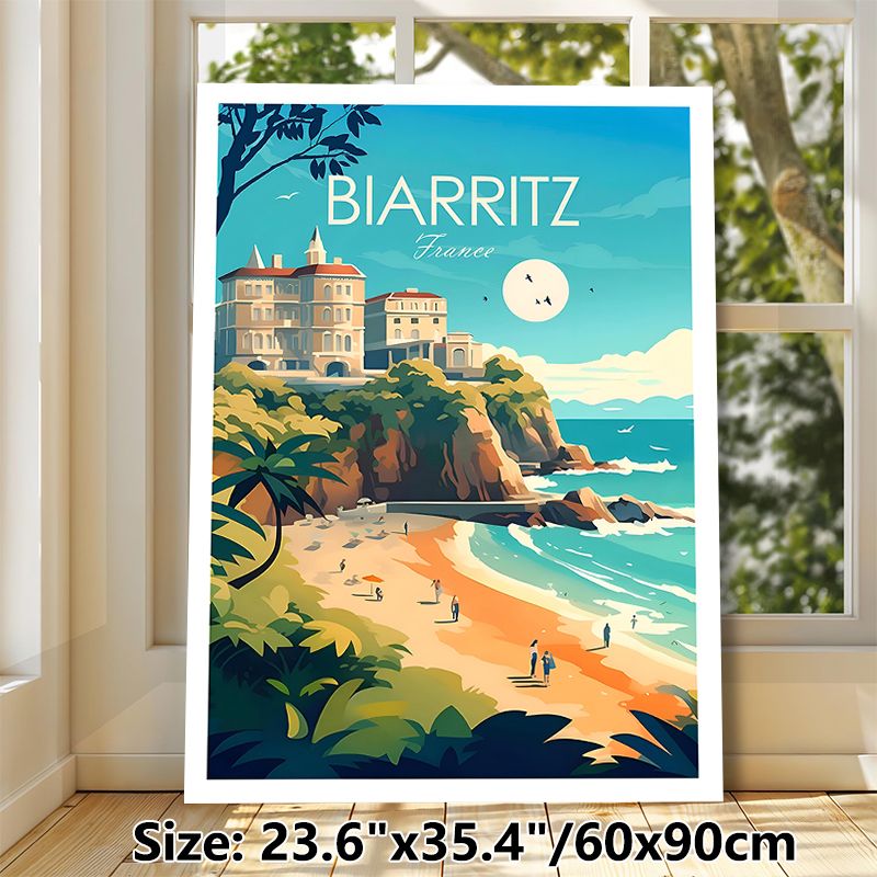 Biarritz France Coastal Painting Poster, Vibrant Retro Travel Style Poster, Scenic Beach With Cliff-top Buildings Design, Ideal For Living Room_maomaolike.com