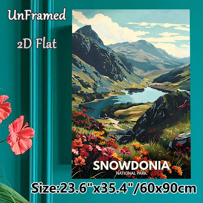 Snowdonia National Park Landscape Painting Poster, Vibrant Retro-style Mountain, Lake & Wildflower Scene Poster, Nature-themed Decor Ideal For Living_maomaolike.com