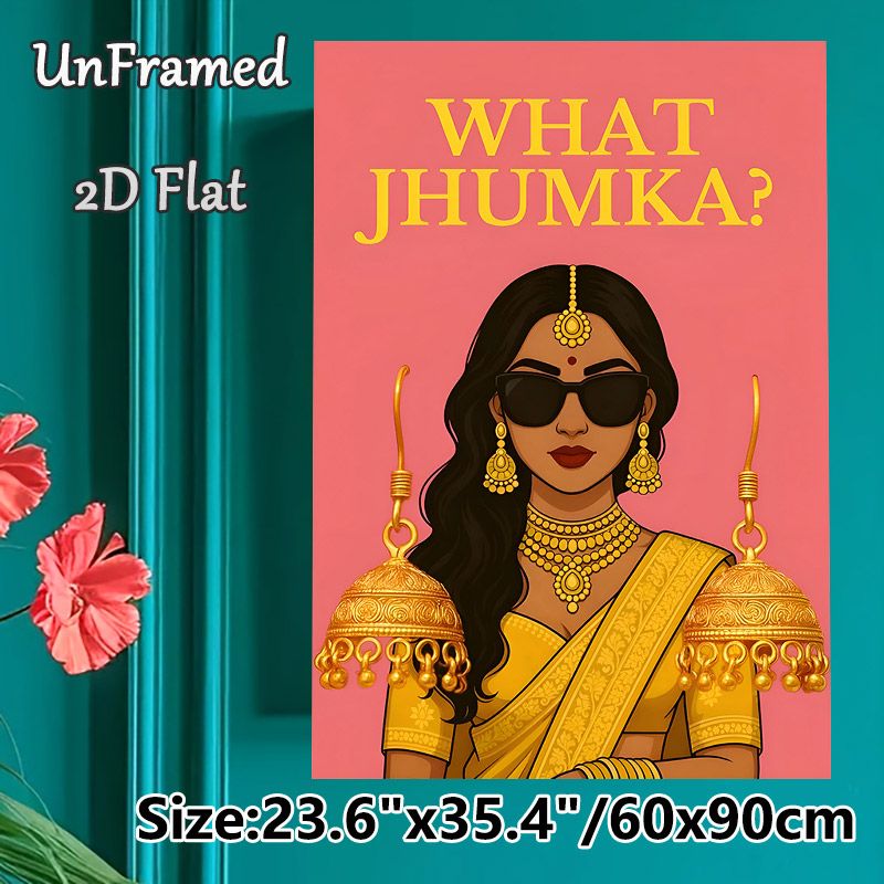Indian Jhumka Themed Painting Poster, Vibrant Cartoon Indian Lady With Traditional Gold Jewelry Poster, Eye-catching Cultural Decor For Living Room_maomaolike.com