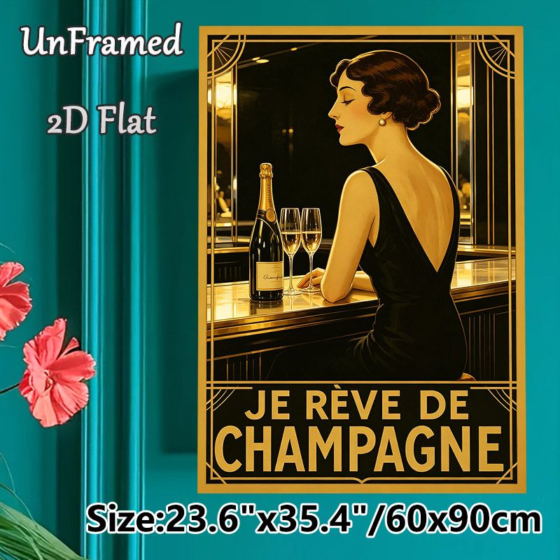 Champagne & Elegant Lady Painting Poster, Vintage Art Deco Style Luxurious Golden-toned Scene Poster, Stylish Retro Decor For Home Bar, Dining Room_maomaolike.com