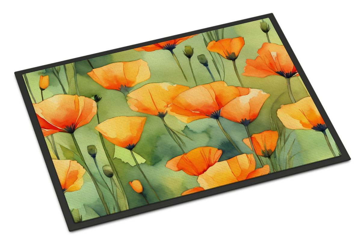 California California Poppies In Watercolor Doormat Front Door Mat Indoor Outdoor Rugs For Entryway, Non Slip Washable Low Pile, 24H X 36W_maomaolike.com