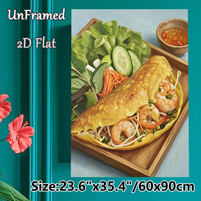 Vietnamese Shrimp Crepe Painting Poster, Vibrant Realistic Oil Painting Style Poster, Detailed Savory Food Artwork Ideal For Restaurant, Kitchen_maomaolike.com