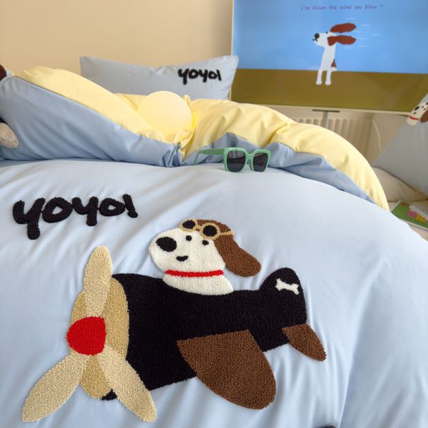 Washed Brushed Pilot Towel Embroidered Four-Piece Cartoon Pure Cotton Bed Sheet Style Duvet Cover Three-Piece Bedding Set_maomaolike.com