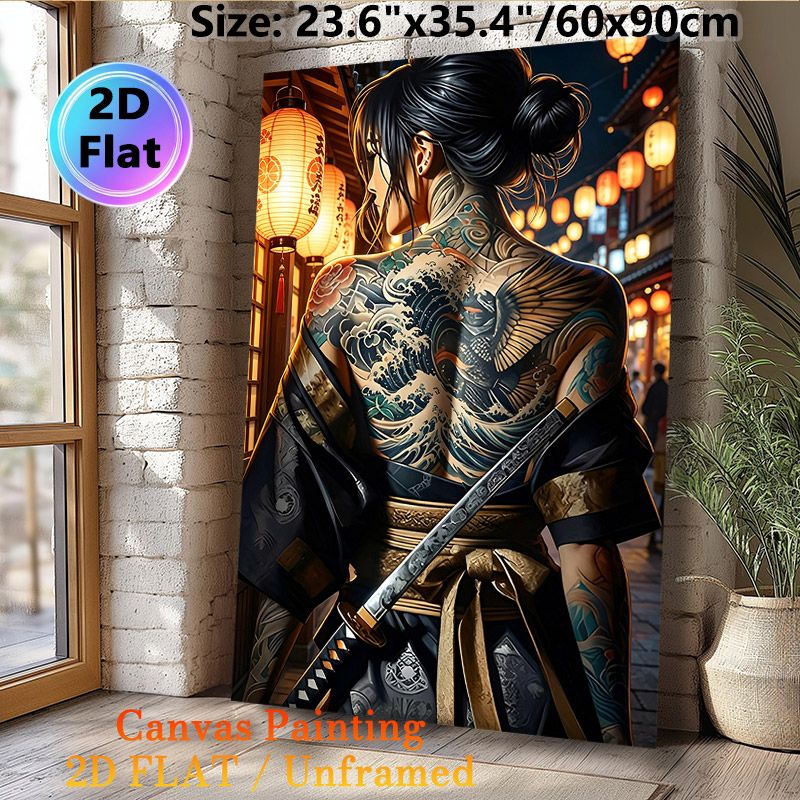 Japanese Samurai With Full Back Tattoo Painting Poster, Vivid Ukiyo-e Style Lantern-lit Alley Poster, Authentic Cultural Design, Ideal For Home_maomaolike.com