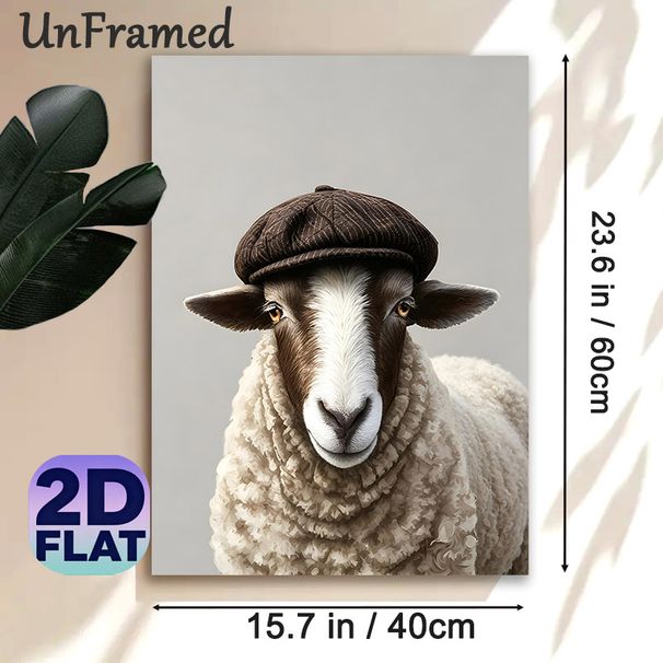 Stylish Sheep With Flat Cap Painting Poster, Realistic Gentle-looking Animal Poster, Unique Whimsical Design Ideal For Living Room, Bedroom Or_maomaolike.com