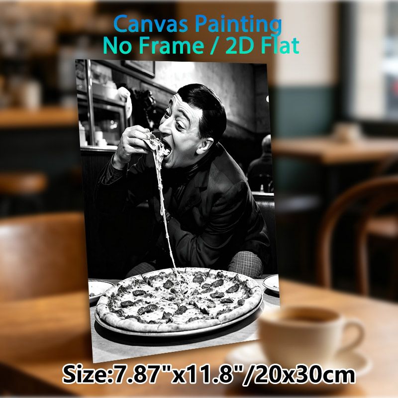 Vintage Pizza-eating Man Painting Poster, Monochrome Nostalgic Diner Scene Poster, Eye-catching Food-themed Decor For Restaurant, Kitchen And Dining_maomaolike.com