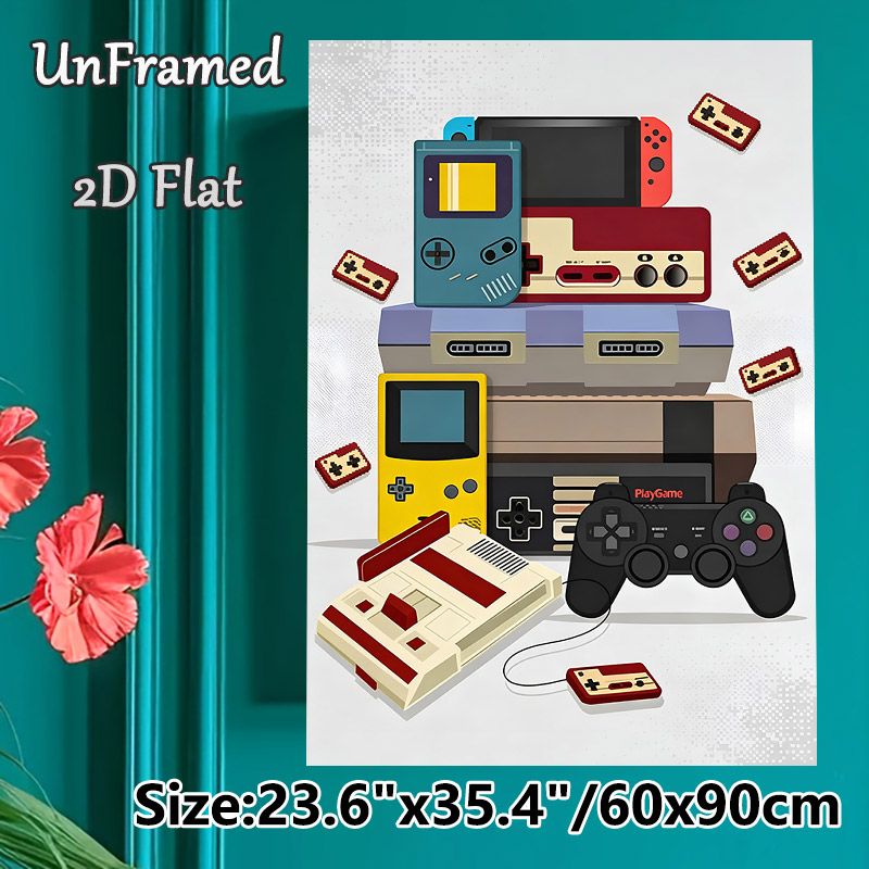 Retro Gaming Console Painting Poster, Vibrant Flat-Style Vintage Game Devices Poster, Nostalgic Gaming Decor Ideal For Game Room, Bedroom_maomaolike.com
