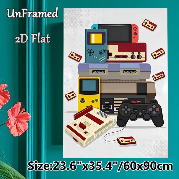 Retro Gaming Console Painting Poster, Vibrant Flat-Style Vintage Game Devices Poster, Nostalgic Gaming Decor Ideal For Game Room, Bedroom_maomaolike.com