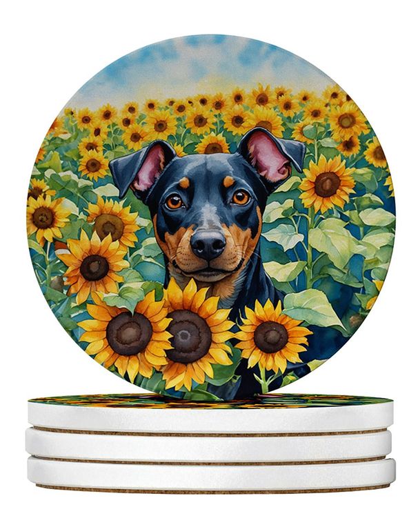 Terrier In Sunflowers Large Sandstone Coasters Pack Of 4 Absorbent Round Coasters Decor Gifts For Men Or Women, 4 In, Multicolor_maomaolike.com
