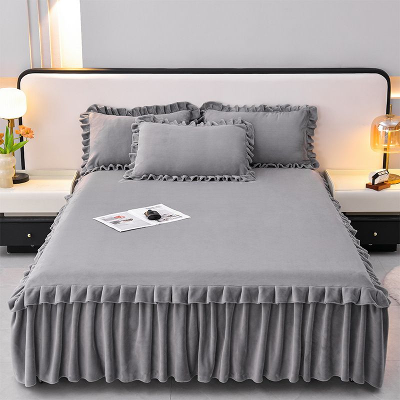 Milk Fleece Fitted Sheet Solid Color Winter Skirt With Elastic Edges For Queen/King Size Bed - Soft & Warm Taiwan Style_maomaolike.com