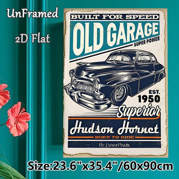 Vintage Hudson Hornet Old Garage Painting Poster, Retro Distressed-style Poster, Classic Black 1950s Car With Nostalgic Text, Brings Timeless_maomaolike.com