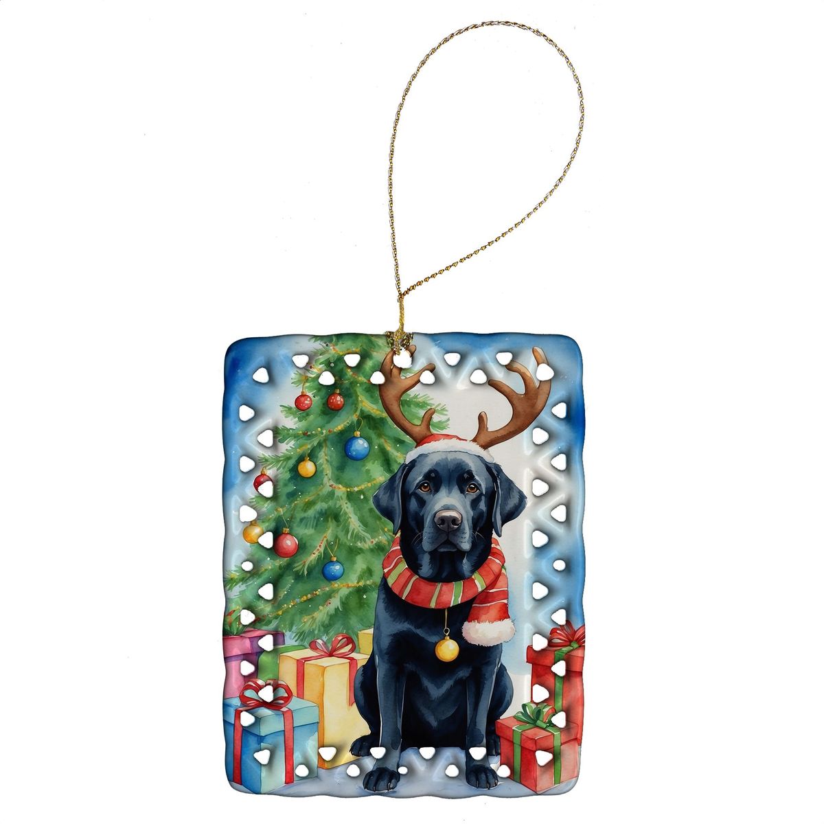 Black Labrador Retriever Christmas Reindeer Porcelain Ornament Christmas Tree Hanging Decorations For Home Christmas Holiday, Rectangle, Gift, Multicolor_maomaolike.com