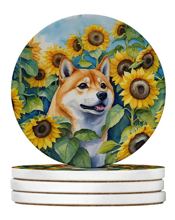 Shiba Inu In Sunflowers Large Sandstone Coasters Pack Of 4 Absorbent Round Coasters Decor Gifts For Men Or Women, 4 In, Multicolor_maomaolike.com