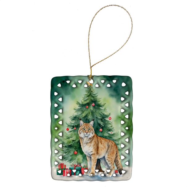 Highlander Lynx Cat By The Christmas Tree Porcelain Ornament Christmas Tree Hanging Decorations For Home Christmas Holiday, Rectangle, Gift, Multicolor_maomaolike.com