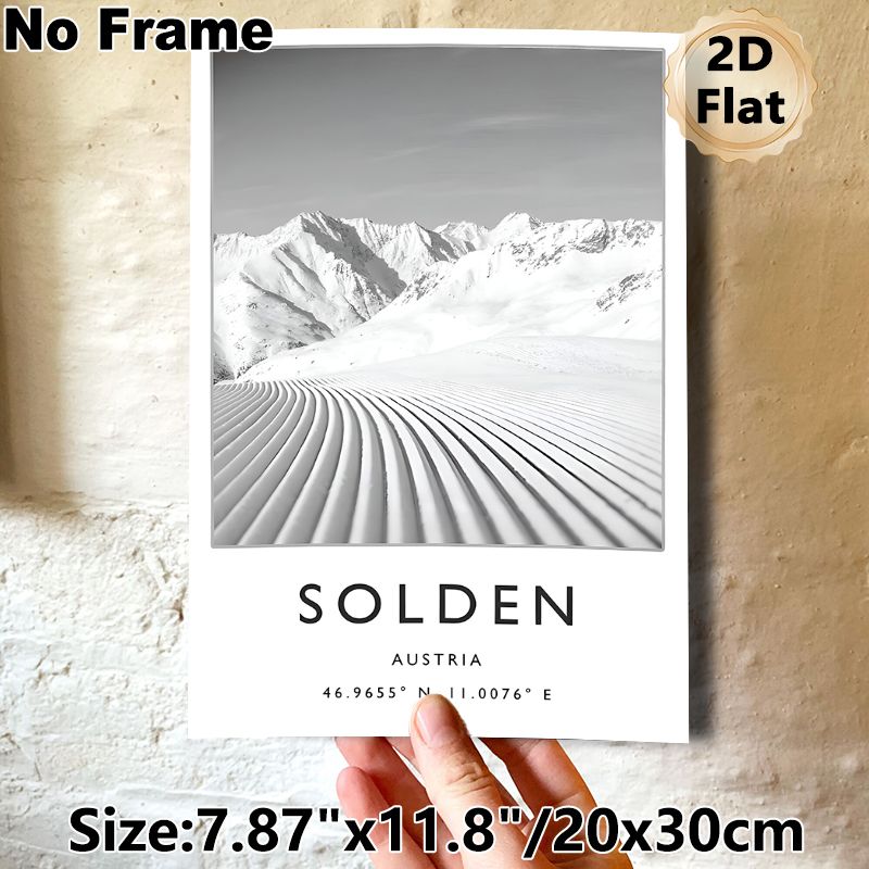 Solden Austria Ski Slope Painting Poster, Monochrome Minimalist Snowy Mountain Ski Trail Poster, Sleek Tranquil Landscape Decor Ideal For Living Room_maomaolike.com