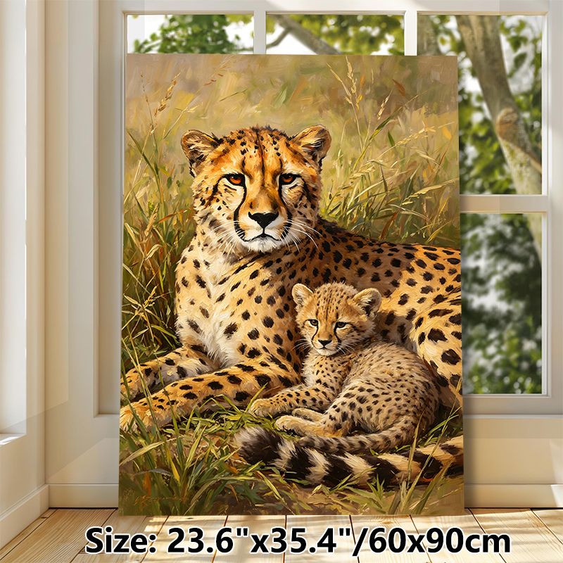 Cheetah Family Painting Poster, Realistic Oil Style Poster, Warm Scene Of Adult Cheetah With Cub In Savanna Grass, Elegant Animal Artwork For Living_maomaolike.com