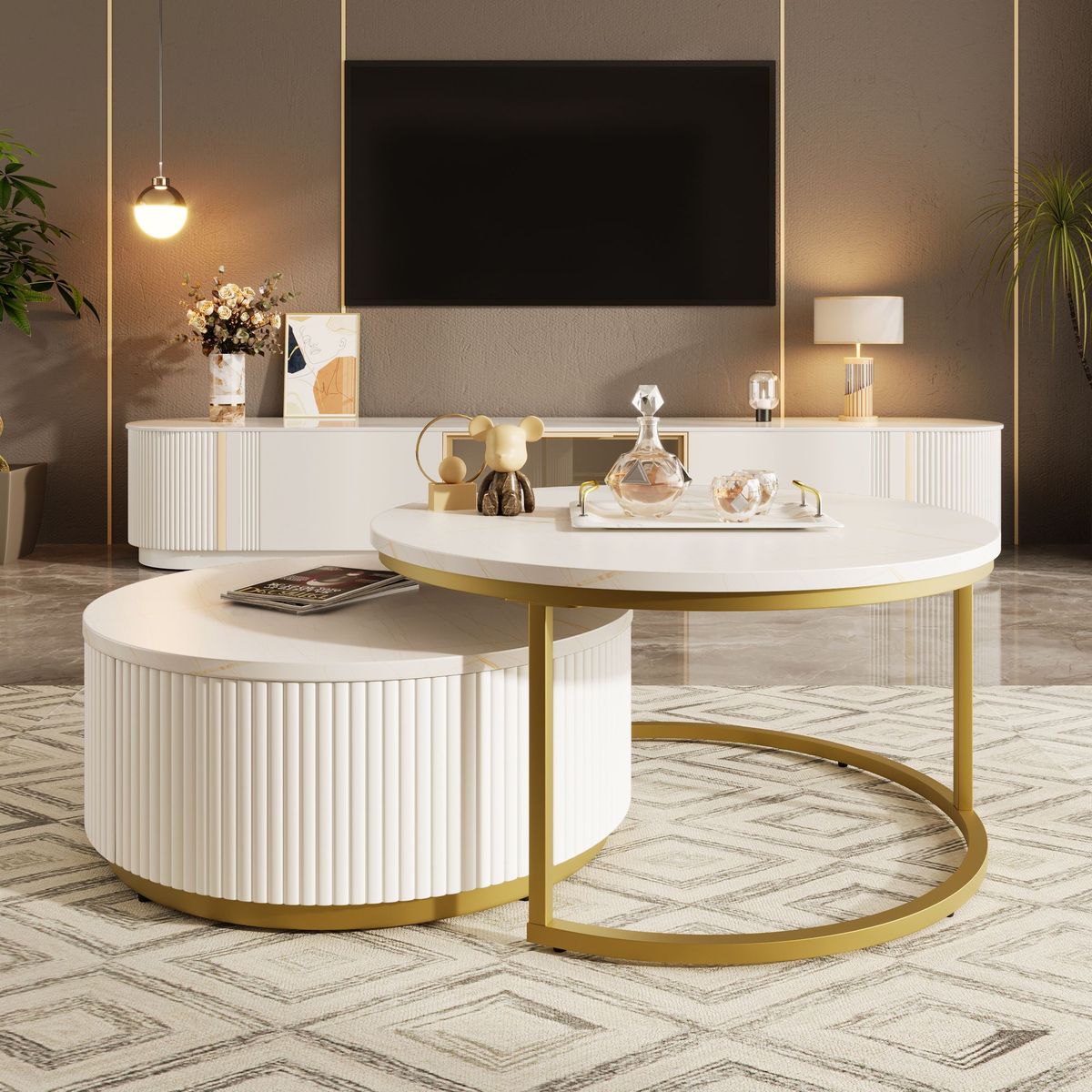 Modern Round Nesting Coffee Table Fluted With Drawer In 31.5''_maomaolike.com