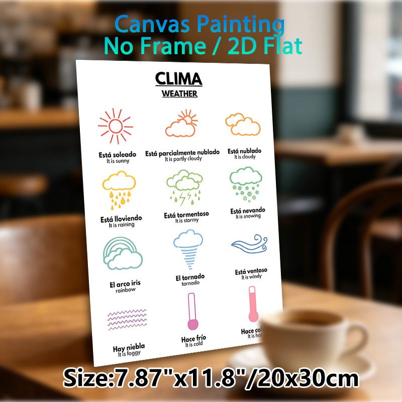 Bilingual Weather Vocabulary Painting Poster, Colorful Minimalist Weather Icon Poster, Practical For Learning Spanish-English Weather Terms, Suitable_maomaolike.com