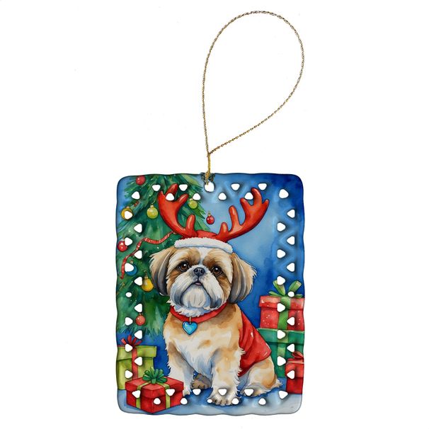 Shih Tzu Christmas Reindeer Porcelain Ornament Christmas Tree Hanging Decorations For Home Christmas Holiday, Rectangle, Gift, Multicolor_maomaolike.com
