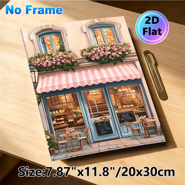 French Café Themed Painting Poster, Warm-toned Cozy European Street Style Poster, Inviting Floral Café Storefront Design, Ideal For Living Room, Café_maomaolike.com