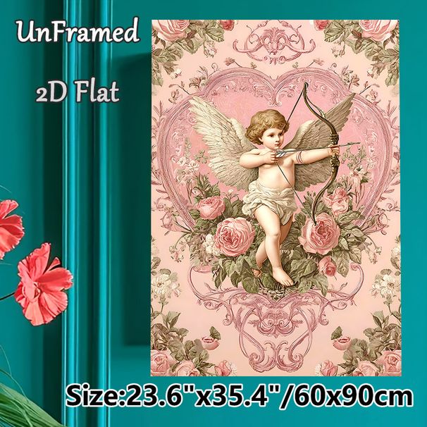 Cupid Themed Painting Poster, Vintage Romantic Floral Poster, Delicate Cupid With Bow Set In Ornate Heart Frame With Pink Roses, Elegant Romantic_maomaolike.com