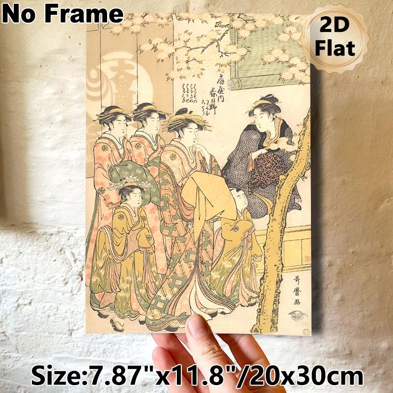 Japanese Ukiyo-e Geisha Painting Poster, Vintage Traditional Ukiyo-e Style Poster, Authentic Classic Art With Kimono-clad Figures And Cherry Blossoms_maomaolike.com