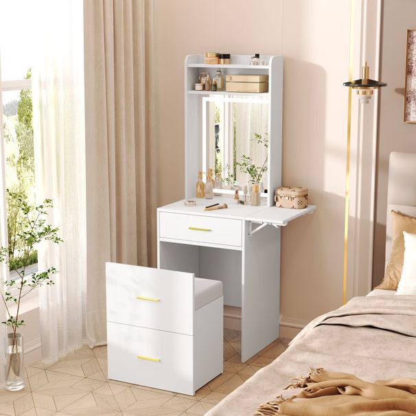 Small Vanity Desk With Mirror And Light, Dressing Table With Charging Station & Fold-up Panel For Small Space, Compact Makeup Vanity Set With Hidden Stool For Bedroom, White_maomaolike.com