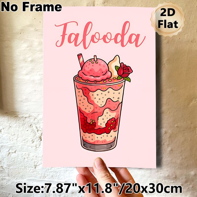 Falooda Themed Painting Poster, Soft Pink Cartoon Style Layered Falooda Drink Poster, Vibrant Cute Design Ideal For Dining Room And Kitchen Decor_maomaolike.com