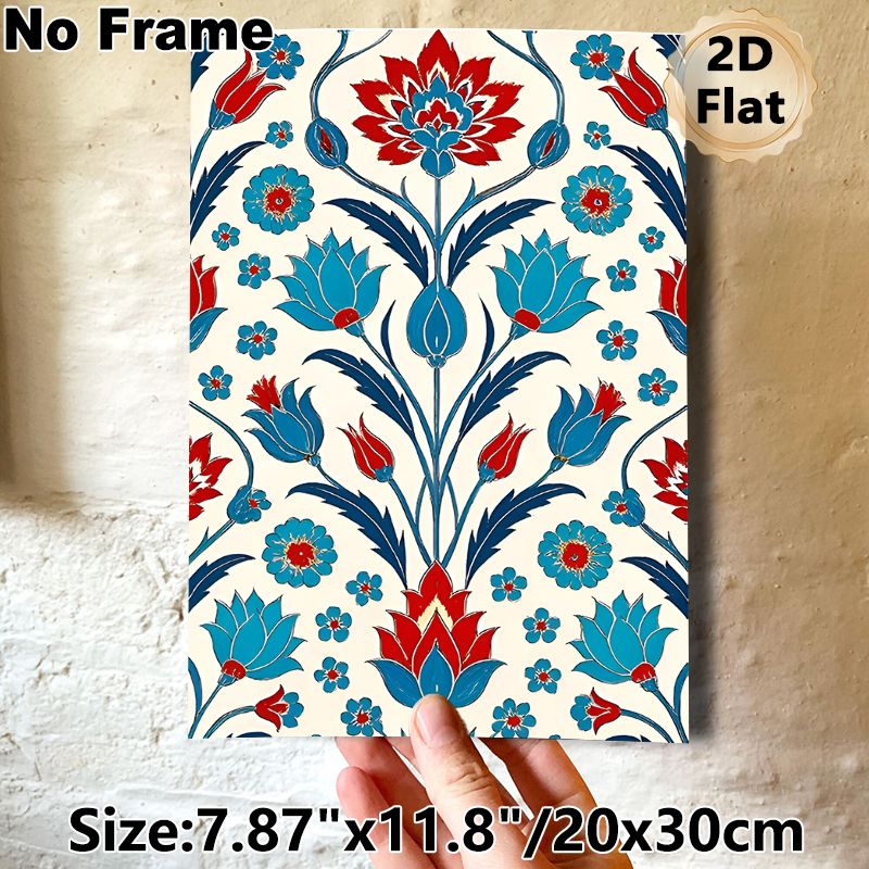 Oriental Floral Painting Poster, Vibrant Red & Blue Traditional Ornate Pattern Poster, Eye-catching Decorative Piece For Living Room, Bedroom And_maomaolike.com