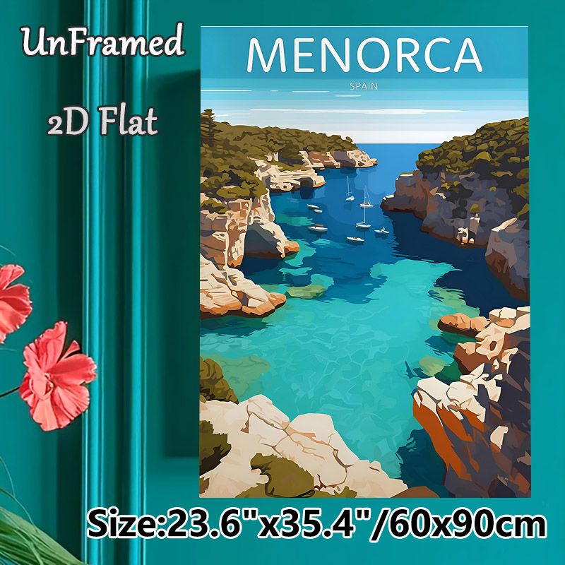 Menorca Spain Coastal Painting Poster, Vibrant Flat-style Scenic Rocky Cove With Sailboats Poster, Captures Serene Coastal Charm, Suitable For Home_maomaolike.com