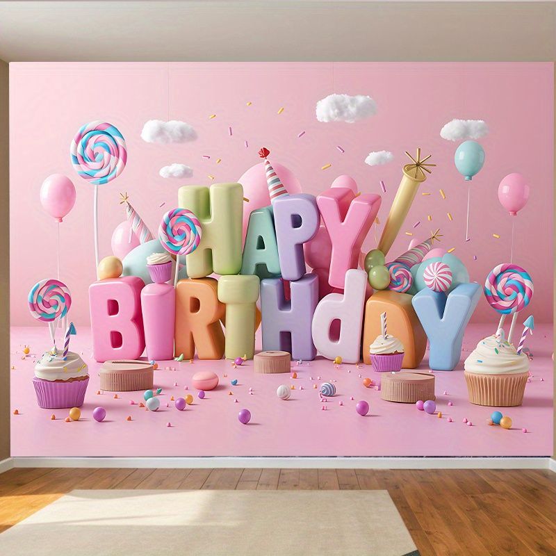 Pink Happy Birthday Party Banner - 2D Flat Polyester Backdrop With Balloons, Candies, Cupcakes, Wall Hanging Photo Props, Party Decor_maomaolike.com