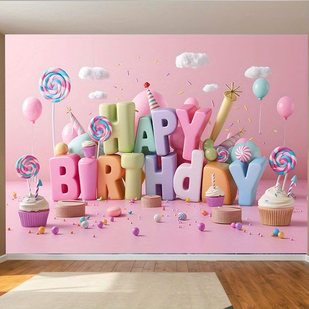 Pink Happy Birthday Party Banner - 2D Flat Polyester Backdrop With Balloons, Candies, Cupcakes, Wall Hanging Photo Props, Party Decor_maomaolike.com