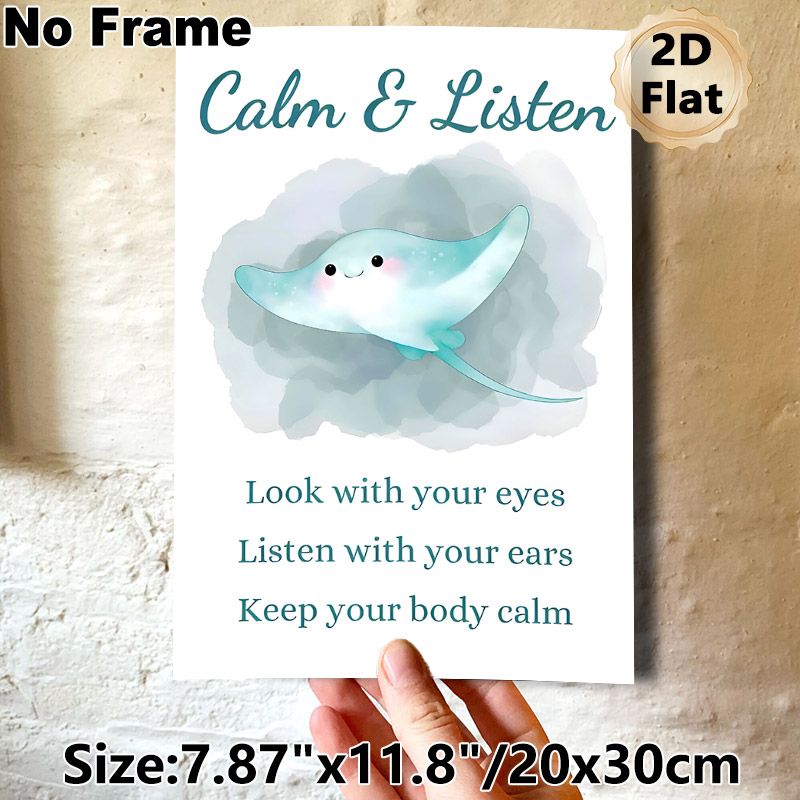 Calm & Listen Stingray Painting Poster, Soft Watercolor Cute Stingray Poster, Gentle Mindfulness Reminder To Maintain Calm And Focus, Suitable For_maomaolike.com