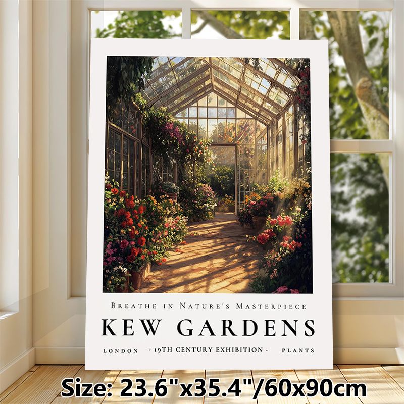 Kew Gardens Greenhouse Painting Poster, Warm-toned Vintage Lush Floral Glasshouse Scene Poster, Delivers Tranquil Natural Ambiance, Ideal For Living_maomaolike.com