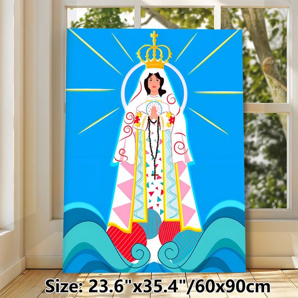 Our Lady Of The Sea Painting Poster, Vibrant Graphic Style Poster, Serene Religious Artwork Featuring Crowned Virgin With Rosary Standing On Waves_maomaolike.com