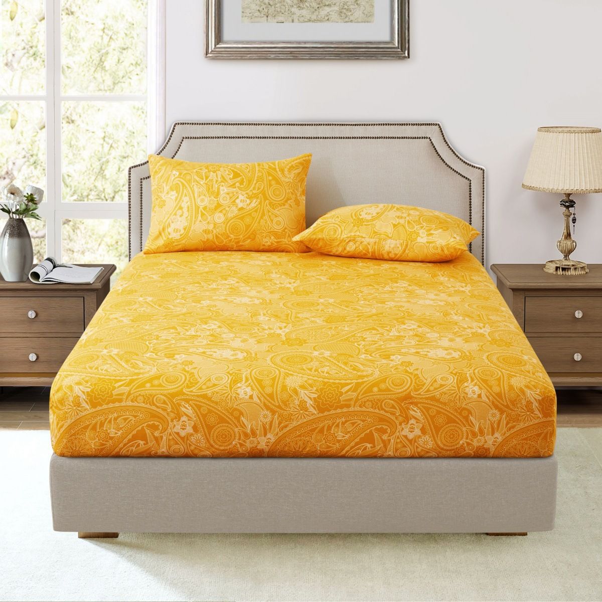 Yellow Luxury Bohemian Cover Polyester Skin Friendly Bed Mattress Protector Fitted Sheet_maomaolike.com
