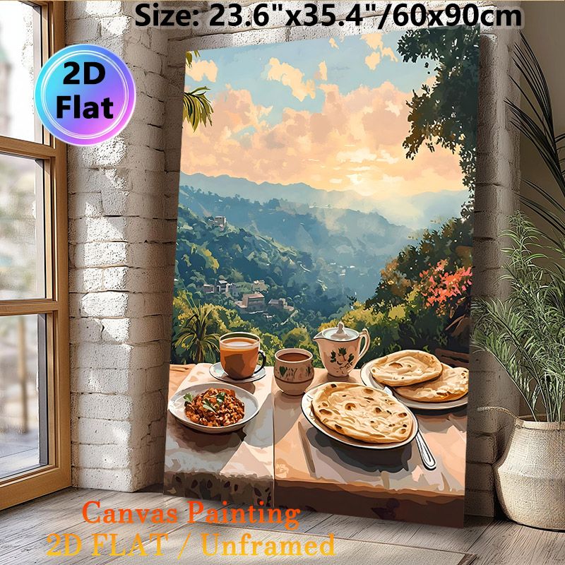 Mountain View Breakfast Painting Poster, Warm-toned Scenic Dining Scene Poster, Tranquil Cozy Vibe Ideal For Kitchen, Dining Room_maomaolike.com