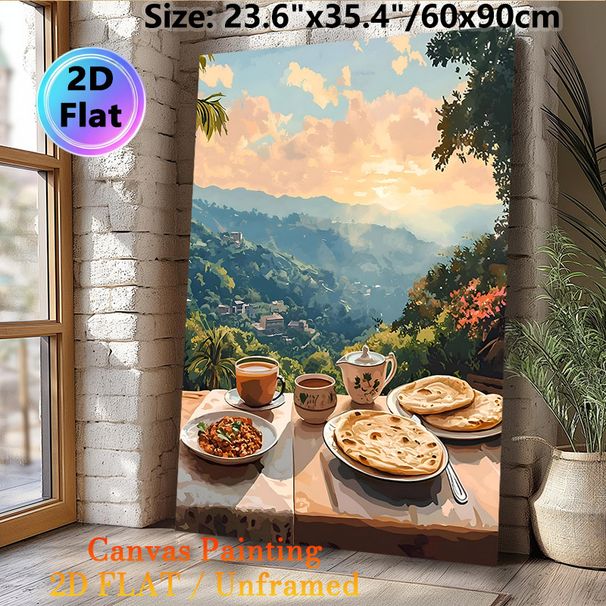 Mountain View Breakfast Painting Poster, Warm-toned Scenic Dining Scene Poster, Tranquil Cozy Vibe Ideal For Kitchen, Dining Room_maomaolike.com