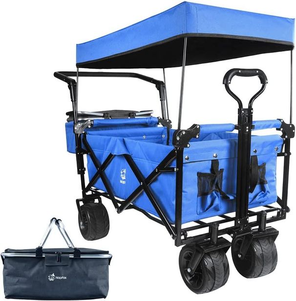 Collapsible Wagon Heavy Duty Folding Wagon Cart With Removable Canopy, 4" Wide Large All Terrain Wheels, Brake, Adjustable Handles,Cooler Bag Utility Carts For Outdoor Garden Beach_maomaolike.com