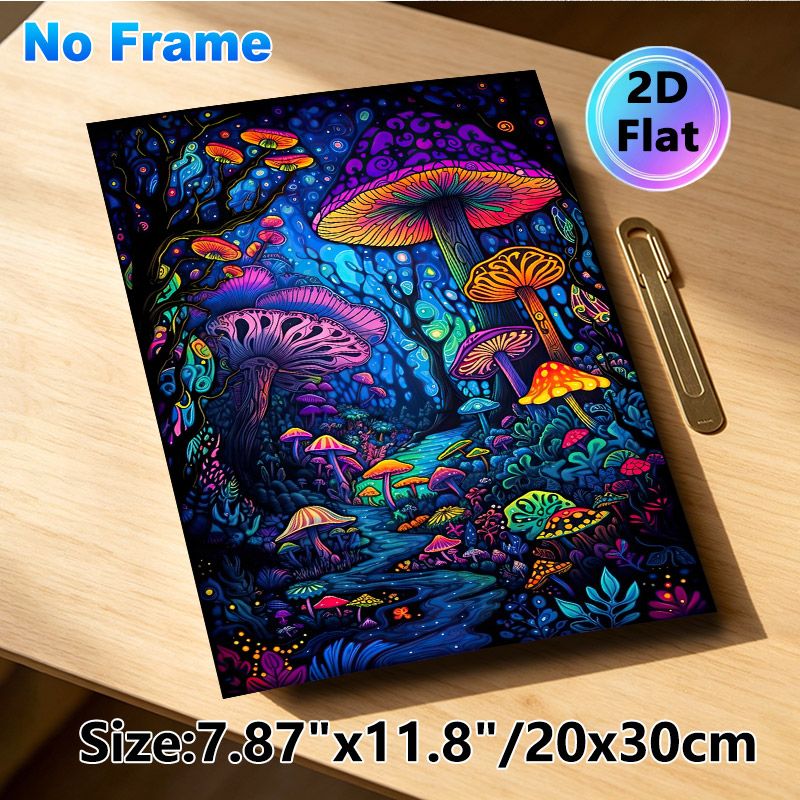 Psychedelic Mushroom Painting Poster, Vibrant Whimsical Fantasy Forest Scene Poster, Eye-catching Vivid Hues, Suitable For Living Room, Bedroom Or_maomaolike.com