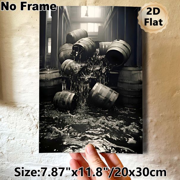 Vintage Wine Barrel Painting Poster, Monochramatic Rustic Warehouse Scene With Spilled Barrels Poster, Atmospheric Nostalgic Decor Ideal For Home Bar_maomaolike.com