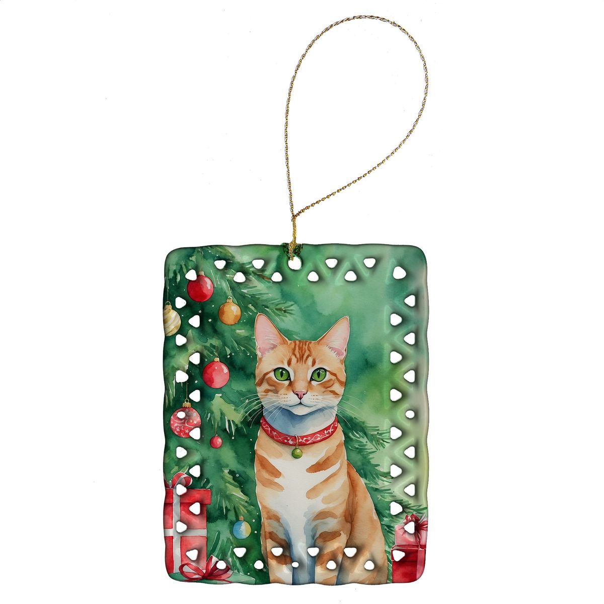 Arabian Mau Cat By The Christmas Tree Porcelain Ornament Christmas Tree Hanging Decorations For Home Christmas Holiday, Rectangle, Gift, Multicolor_maomaolike.com