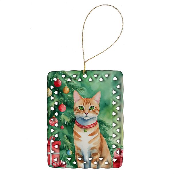 Arabian Mau Cat By The Christmas Tree Porcelain Ornament Christmas Tree Hanging Decorations For Home Christmas Holiday, Rectangle, Gift, Multicolor_maomaolike.com