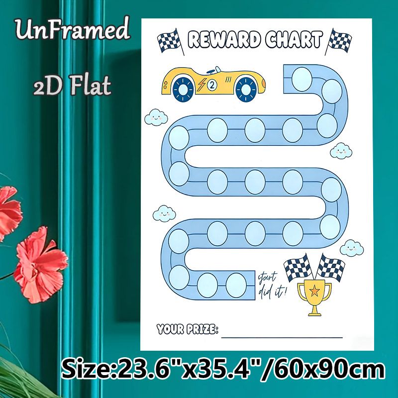 Race Car Themed Reward Chart Painting Poster, Cute Cartoon Race Track With Trophy & Clouds Poster, Practical Tool To Track Progress And Reward_maomaolike.com